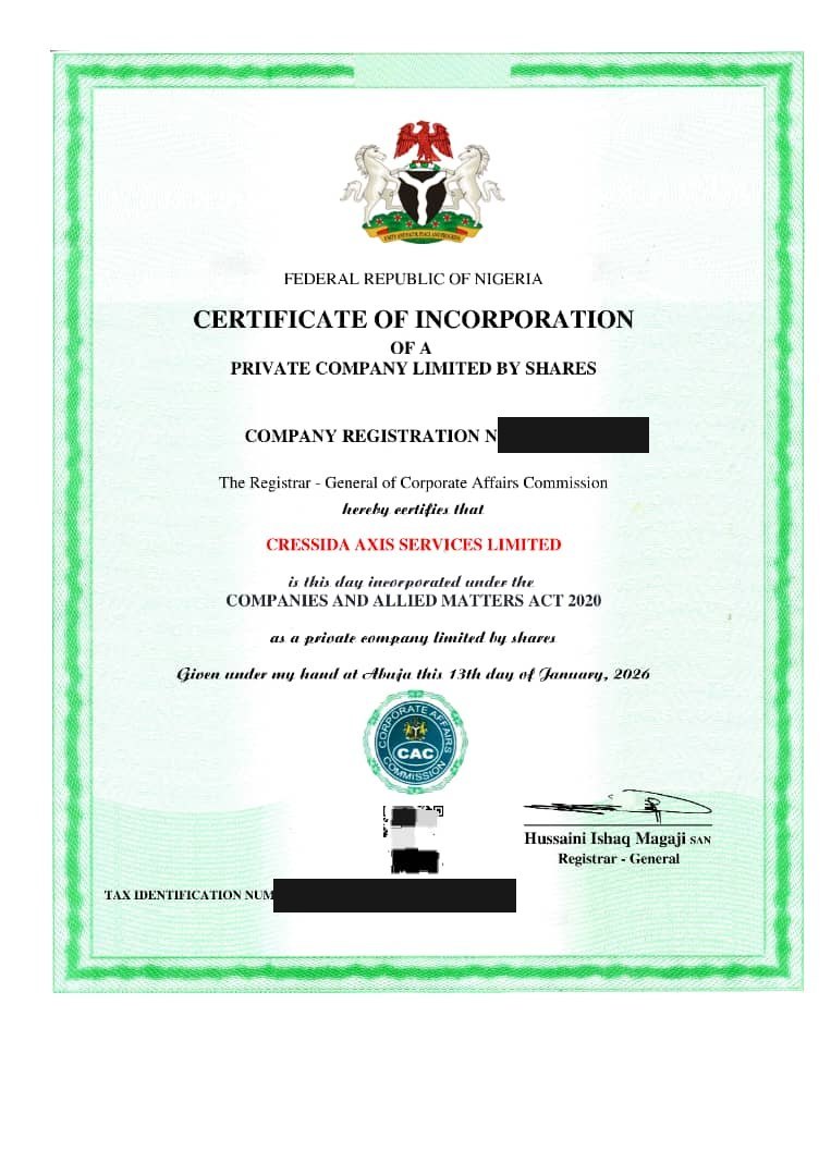Certificate of Incorporation issued by the Corporate Affairs Commission of Nigeria