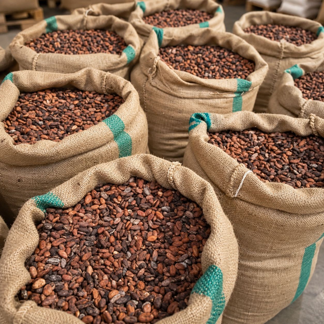 Jute sacks filled with fermented dried cocoa beans