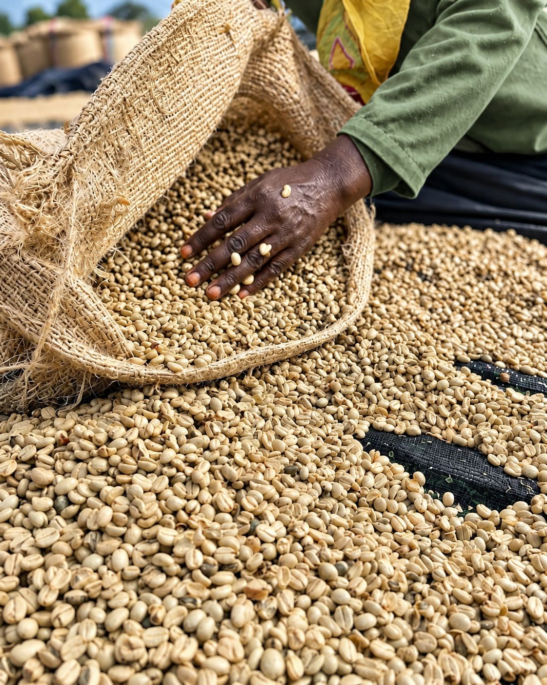 A hand sorting parchment coffee during drying