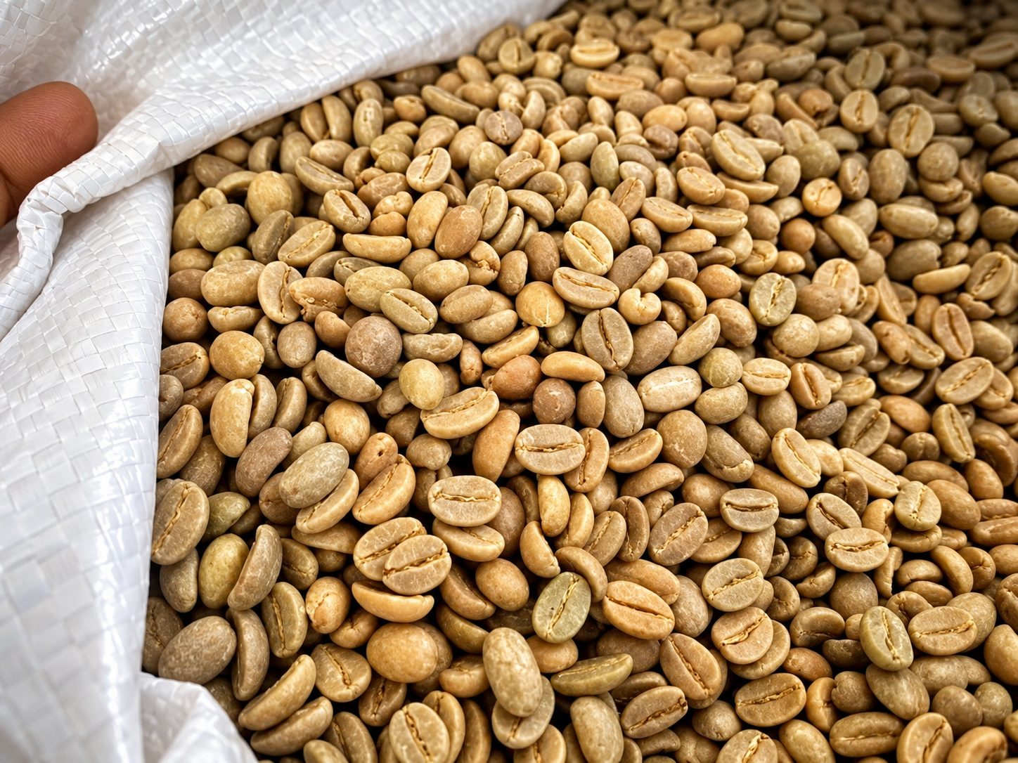 Green coffee beans inside an open export sack