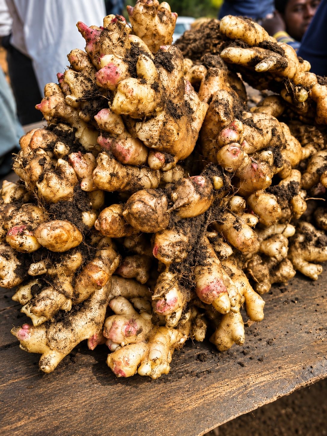Freshly harvested ginger rhizomes at a market