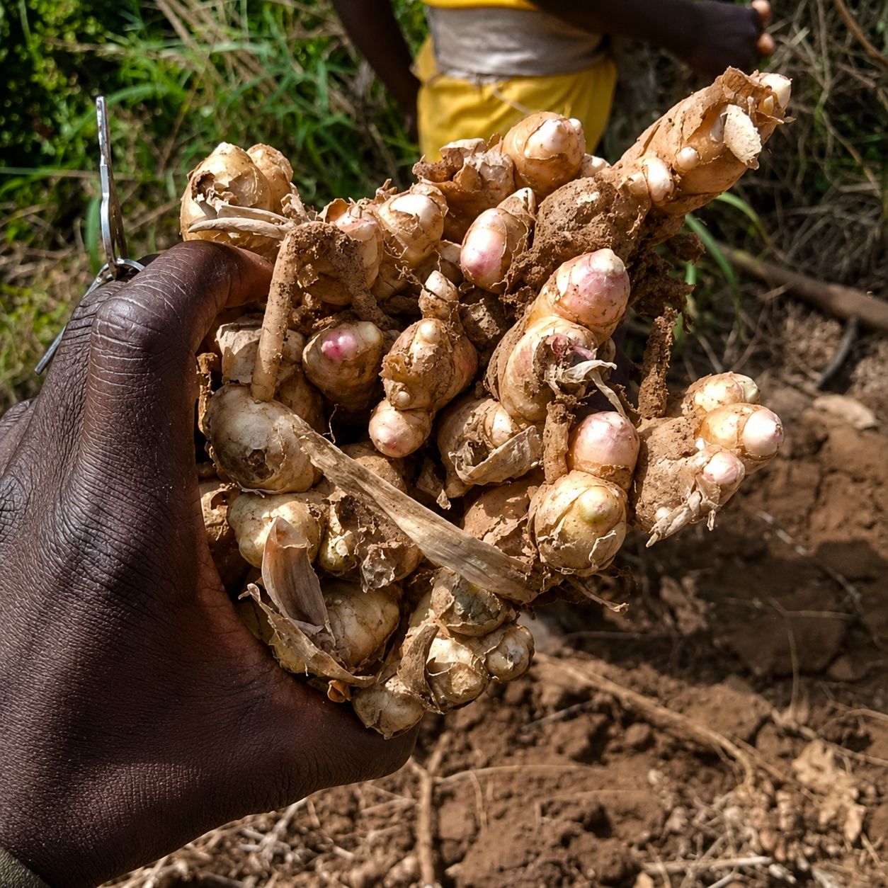 A hand holding freshly dug ginger roots at the farm