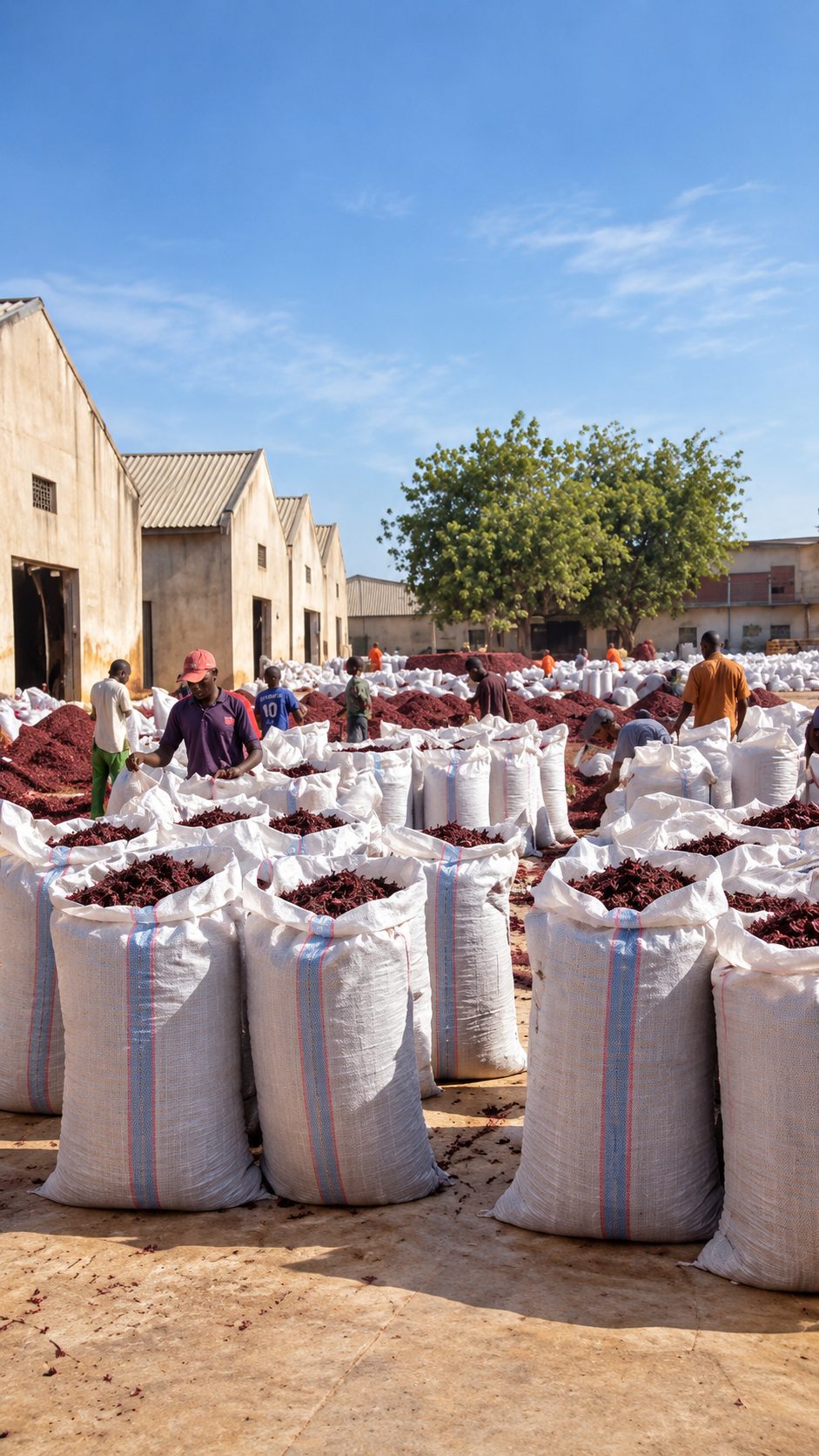 Bagged hibiscus being sorted at an aggregation yard