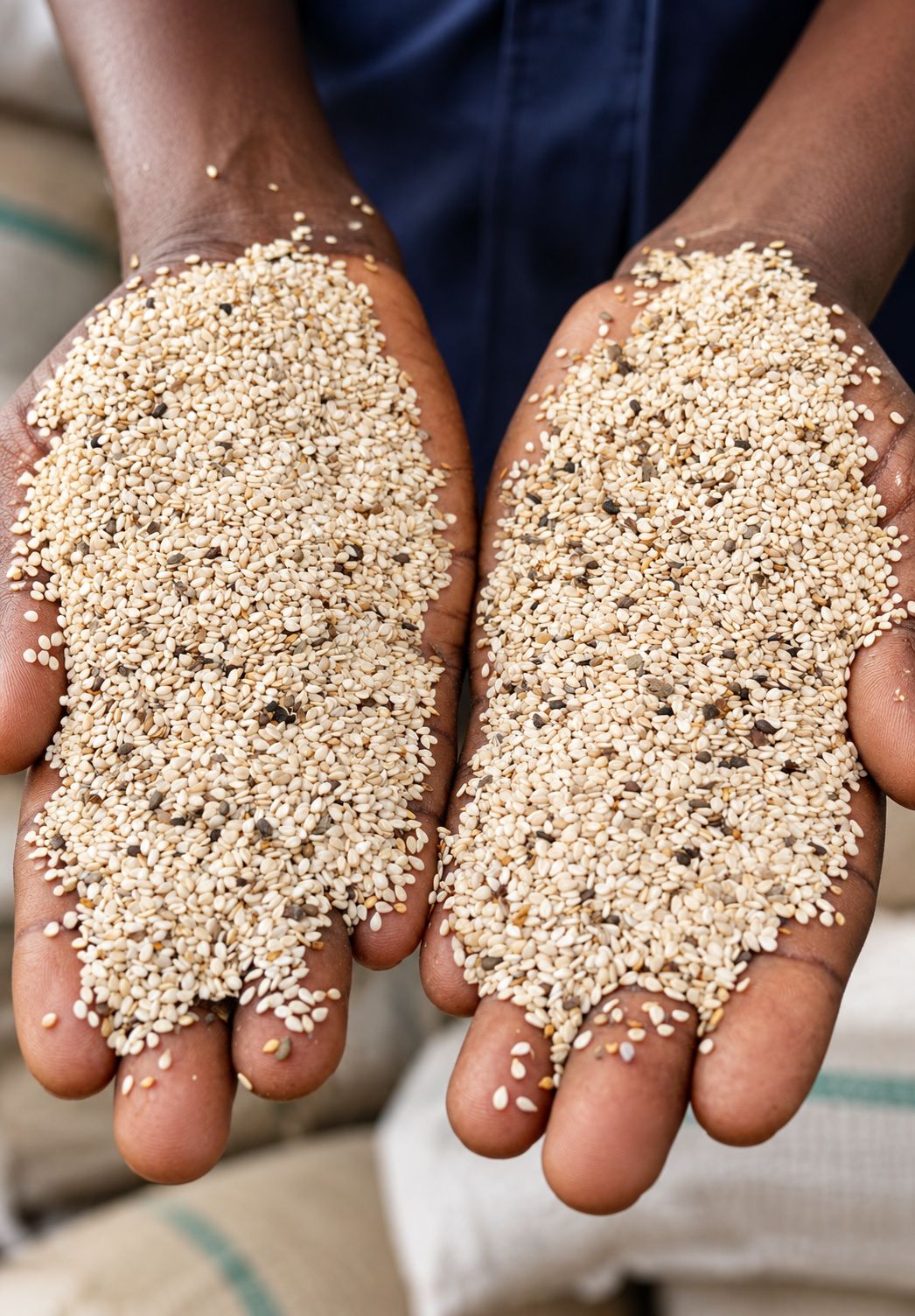 Hands holding a sample of raw sesame seeds
