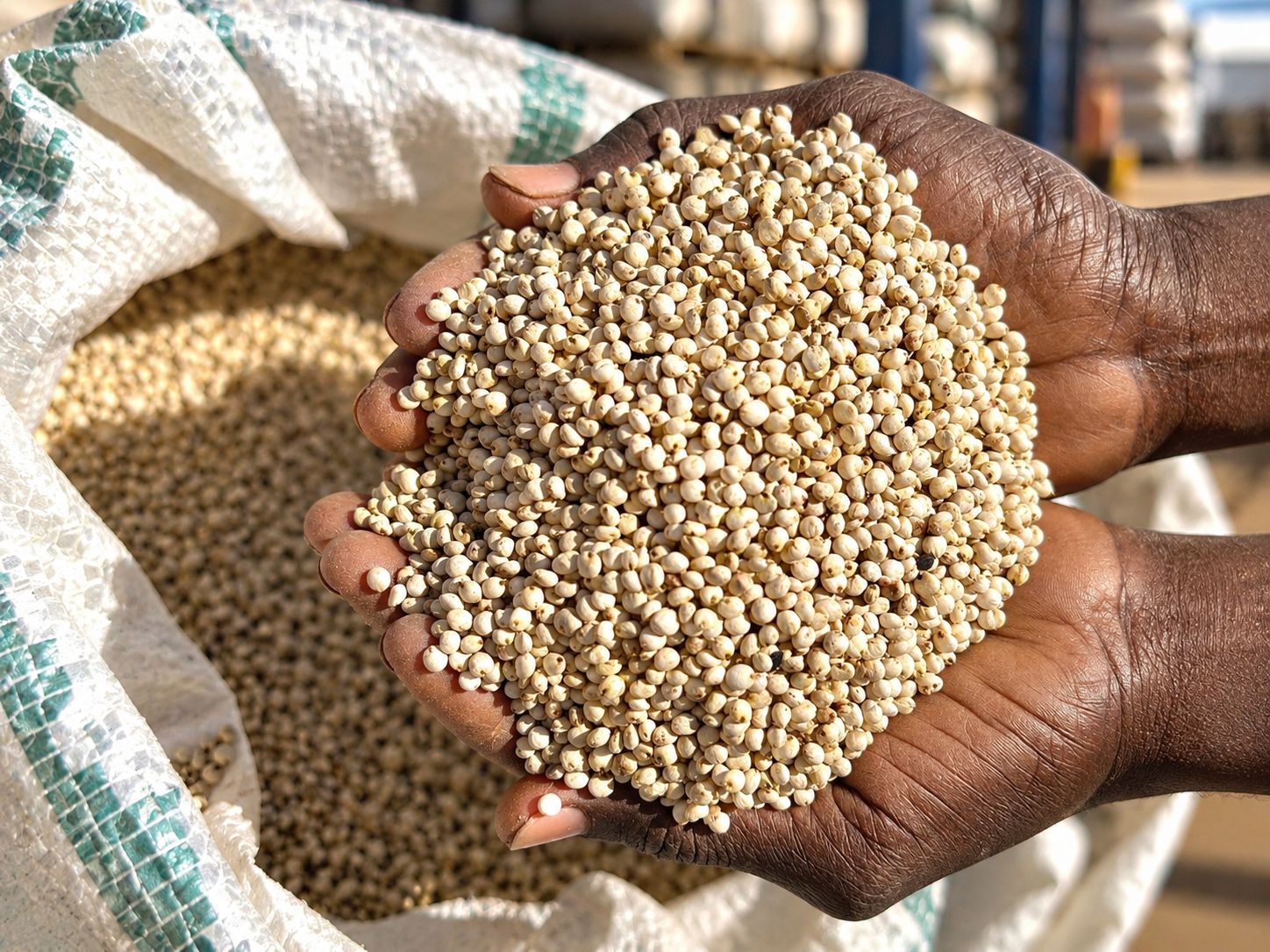 Hands holding a handful of sorghum grain