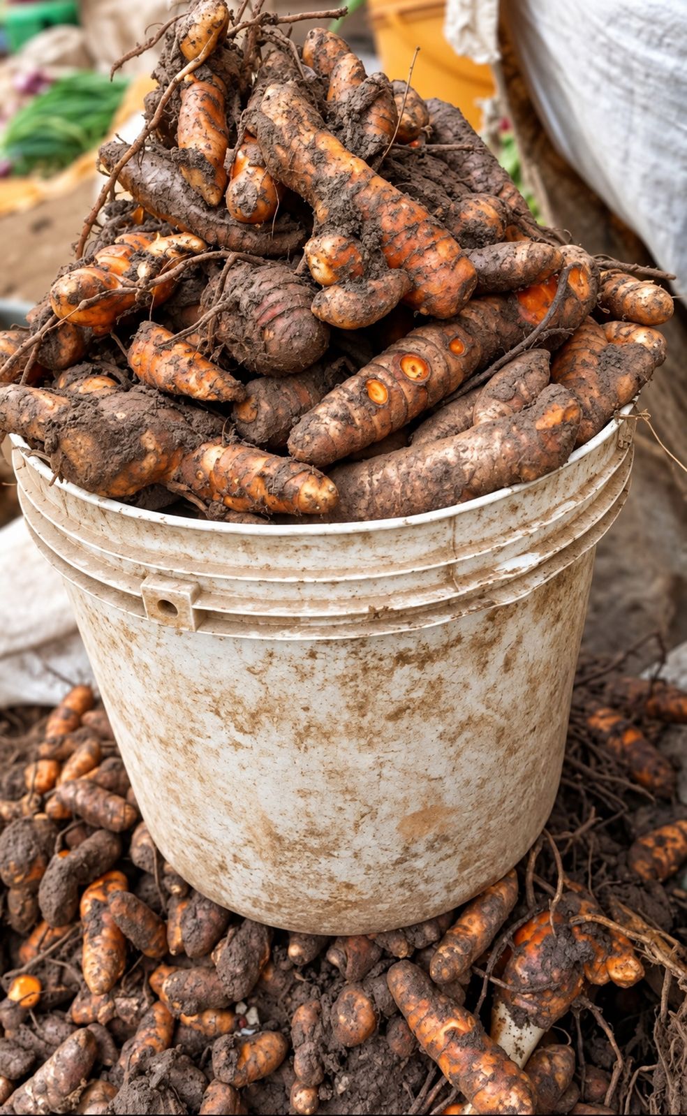 Freshly harvested turmeric root in a collection bucket