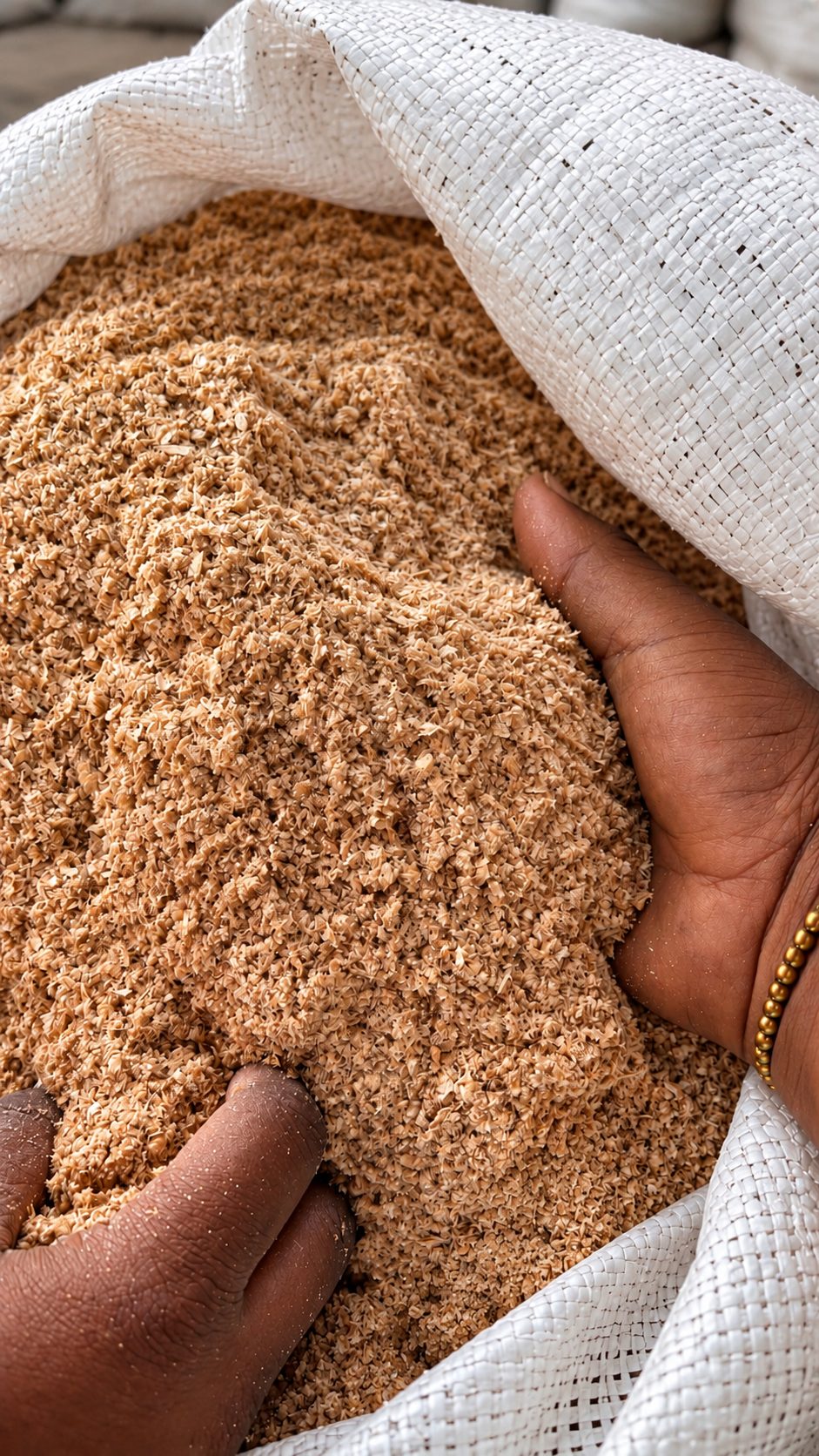 Hands opening a sack of wheat bran