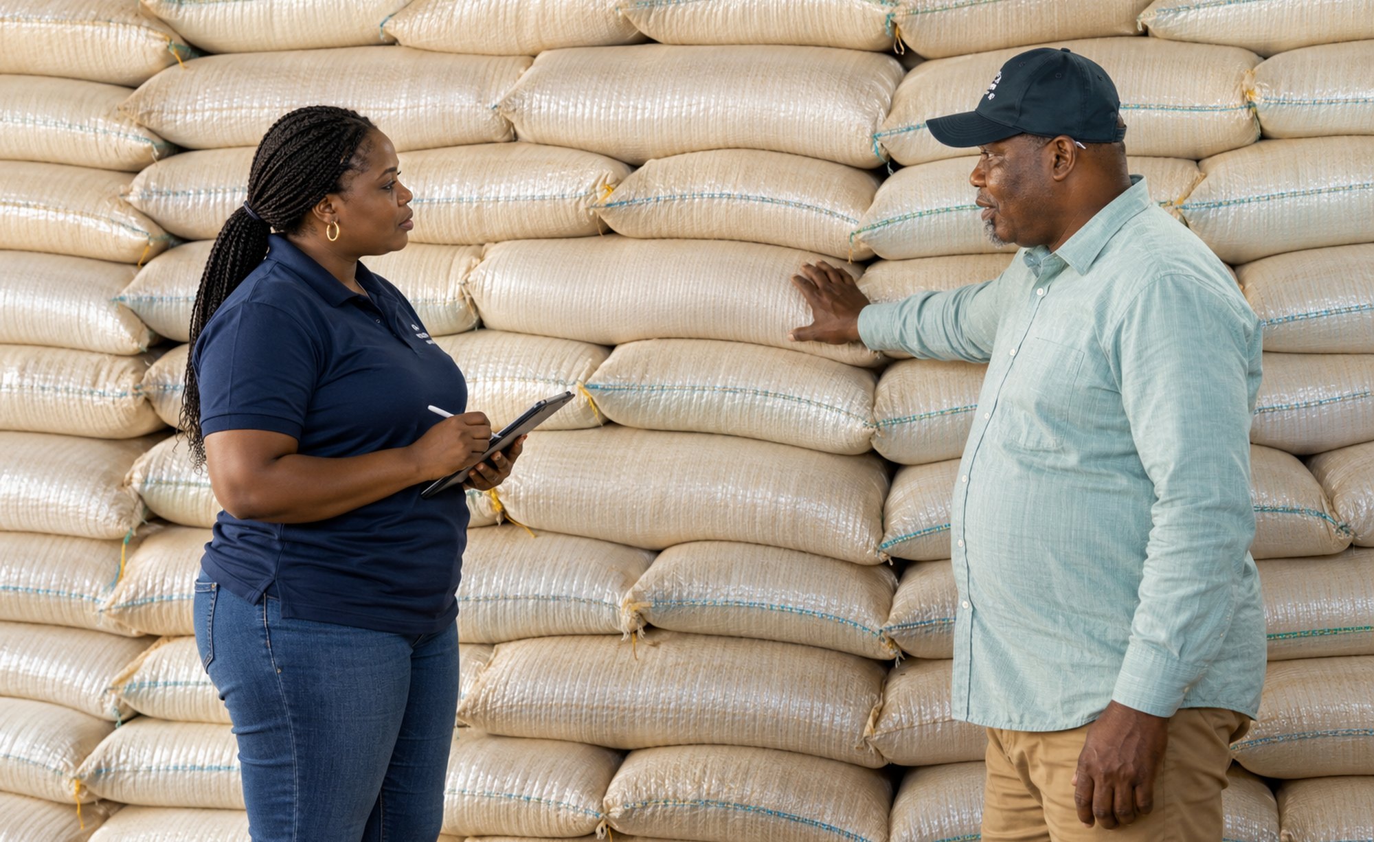 Two people in conversation beside stacked bagged commodity